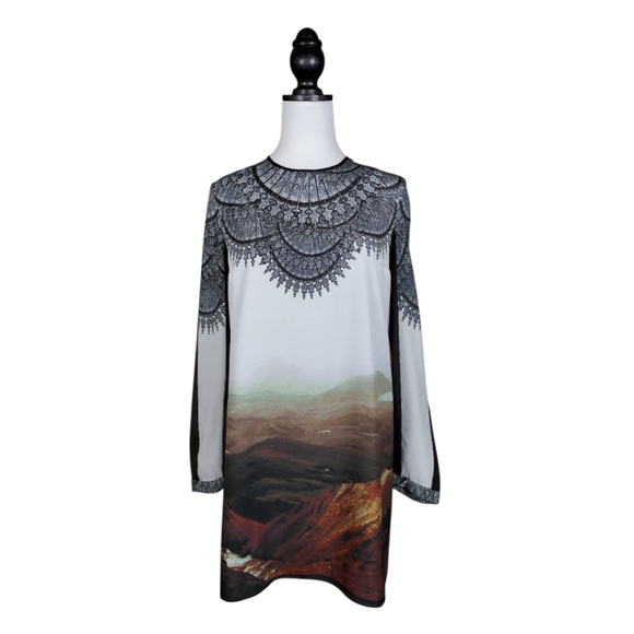 Clover Canyon Scenic Landscape & Lace Print Long Sleeve Mini Dress, Size M - Picture 2 of 9